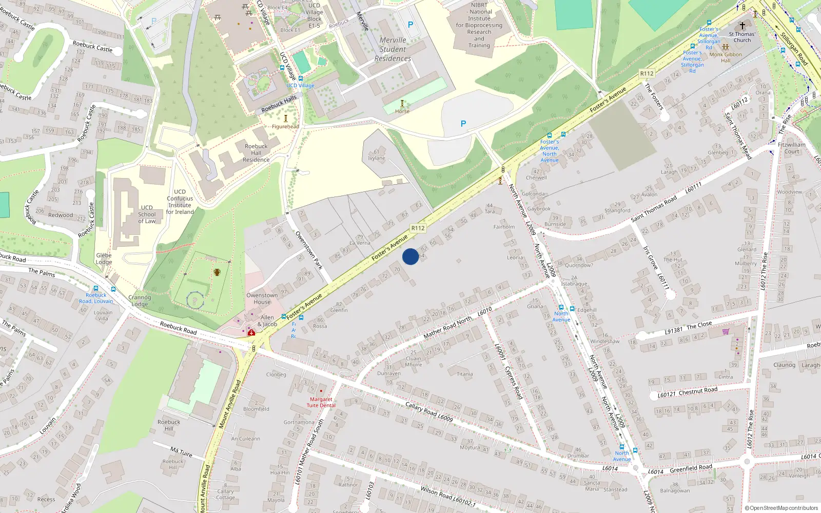 Overhead map showing the location of 66 Foster Avenue, Blackrock
