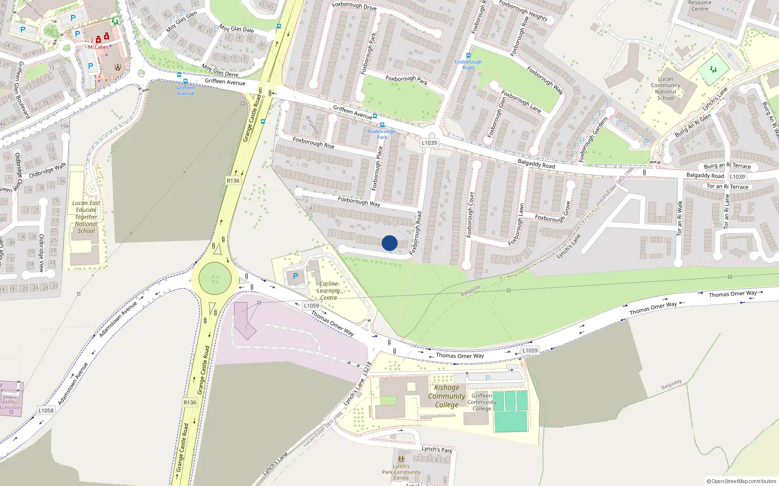 Overhead map showing the location of 66 Foxborough Road, Lucan