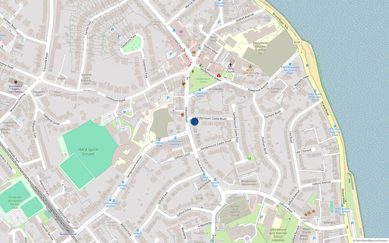 Overhead map showing the location of 66 Gilford Road, Sandymount