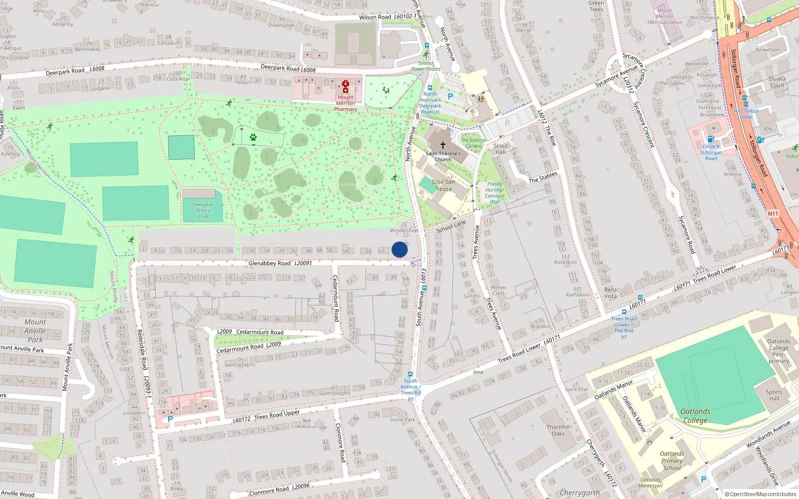 Overhead map showing the location of 66 Glenabbey Road, Mount Merrion, Dublin