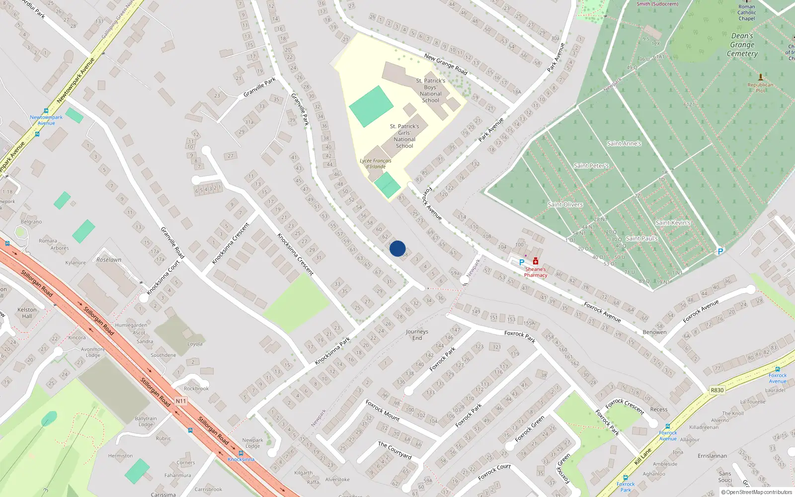 Overhead map showing the location of 66 Granville Park, Blackrock, Co Dublin
