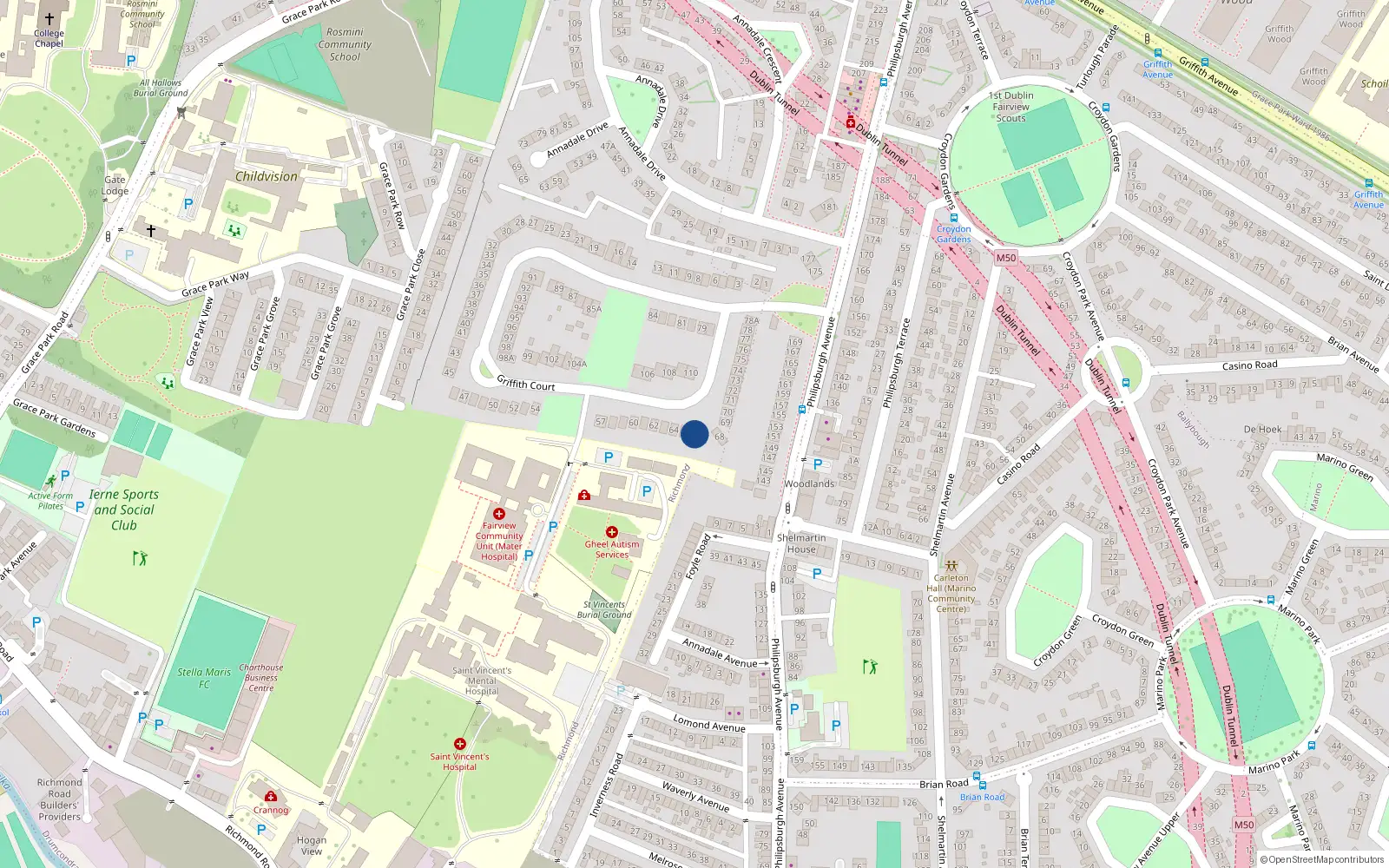 Overhead map showing the location of 66 Griffith Court, Dublin 3