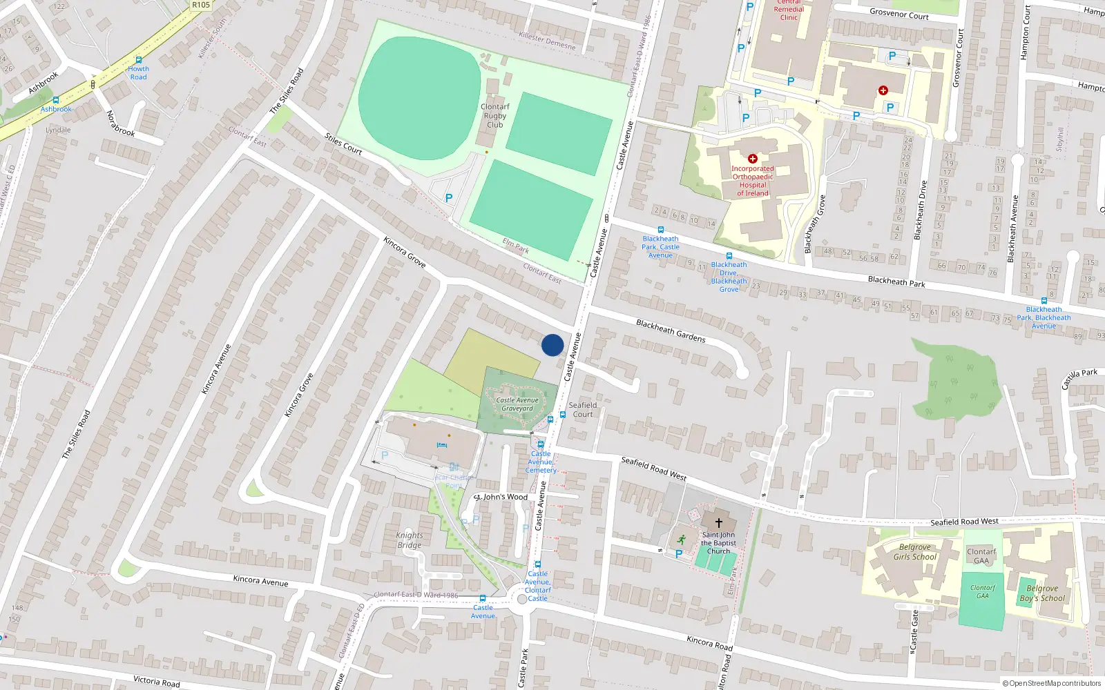 Overhead map showing the location of 66 Kincora Grove, Clontarf, Dublin 3