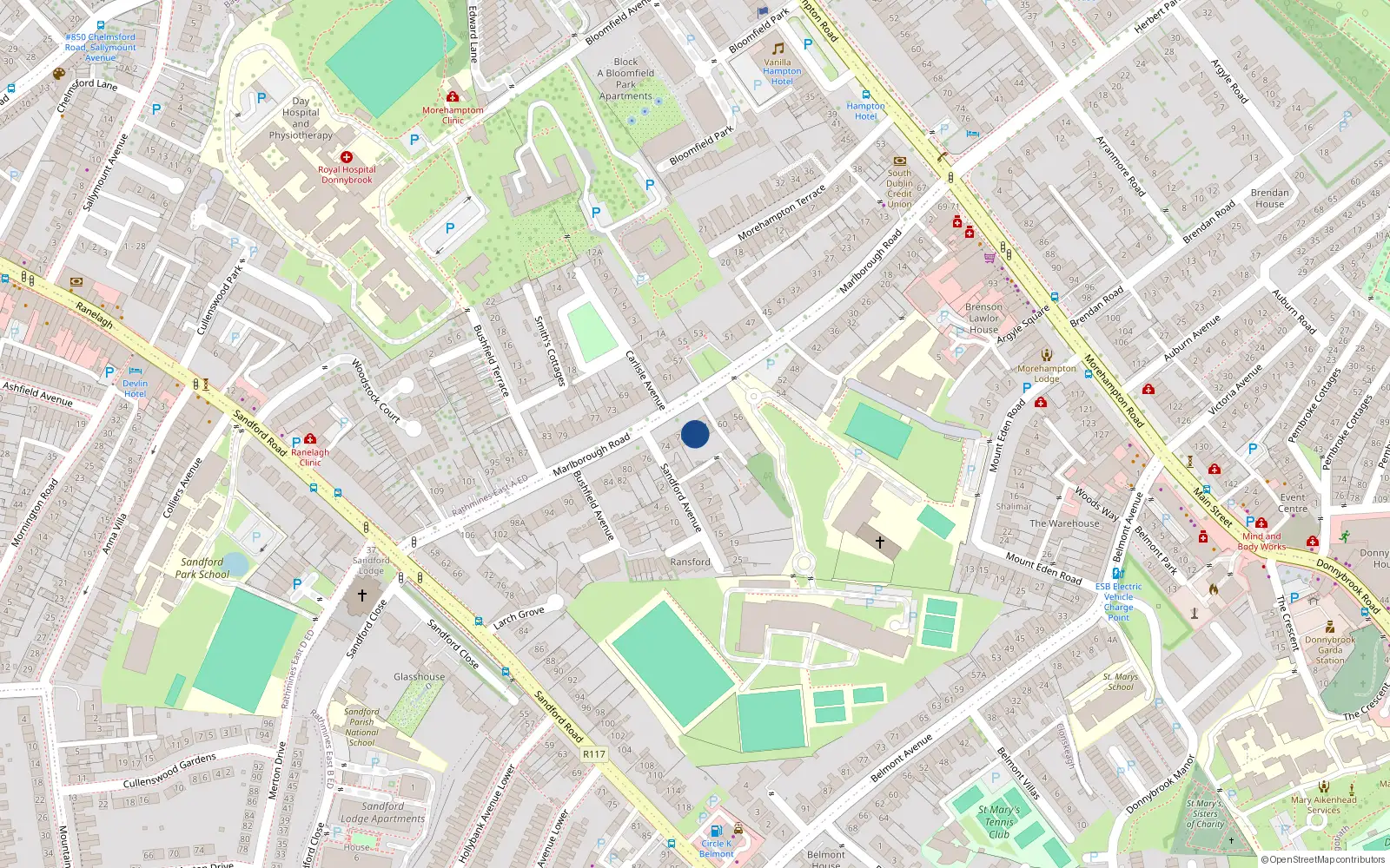 Overhead map showing the location of 66 Marlborough Road, Donnybrook