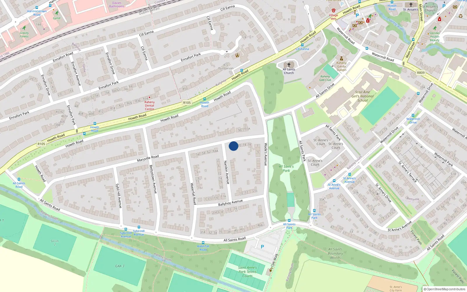 Overhead map showing the location of 66 Maryville Road, Raheny, Dublin 5