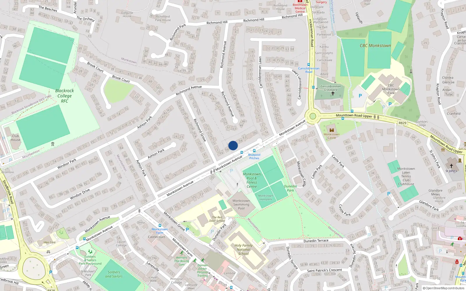 Overhead map showing the location of 66 Monkstown Avenue, Monkstown, Dublin