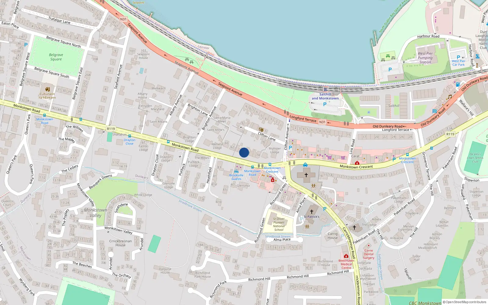 Overhead map showing the location of 66 Monkstown Road, Monkstown, Dublin