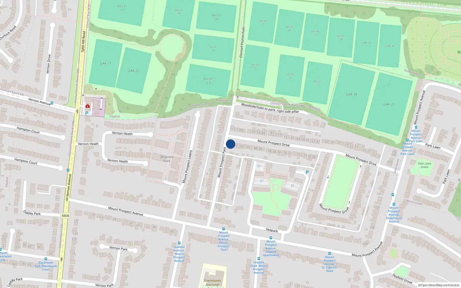 Overhead map showing the location of 66 Mount Prospect Drive, Clontarf, Dublin 3
