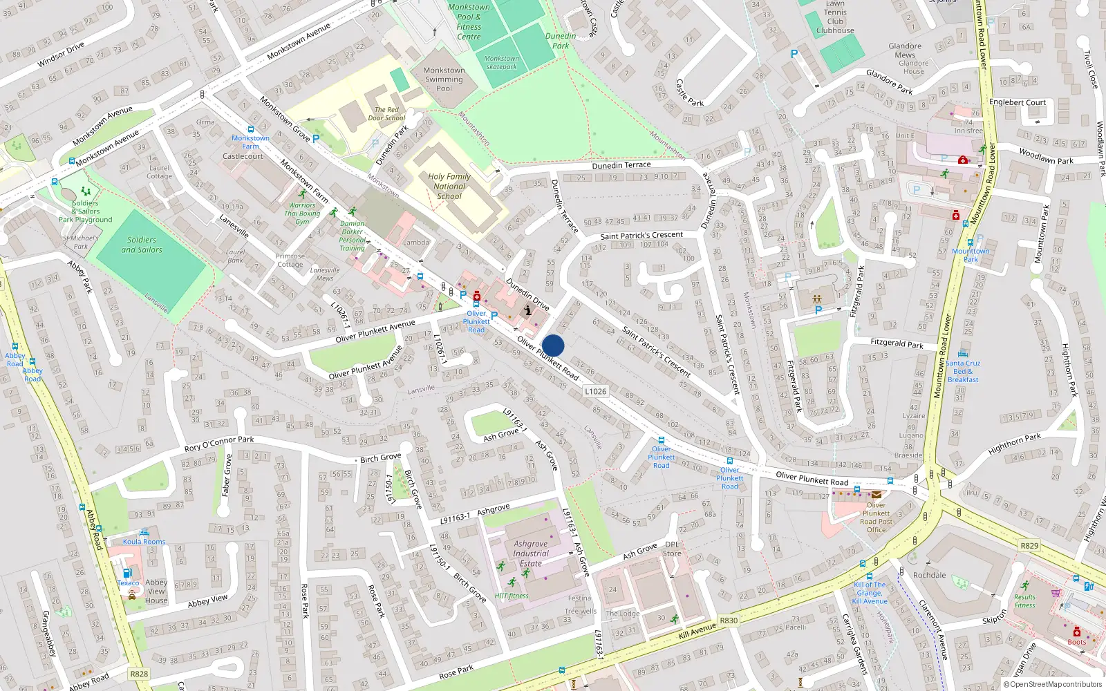 Overhead map showing the location of 66 Oliver Plunkett Road, Monkstown Farm, Dun Laoghaire