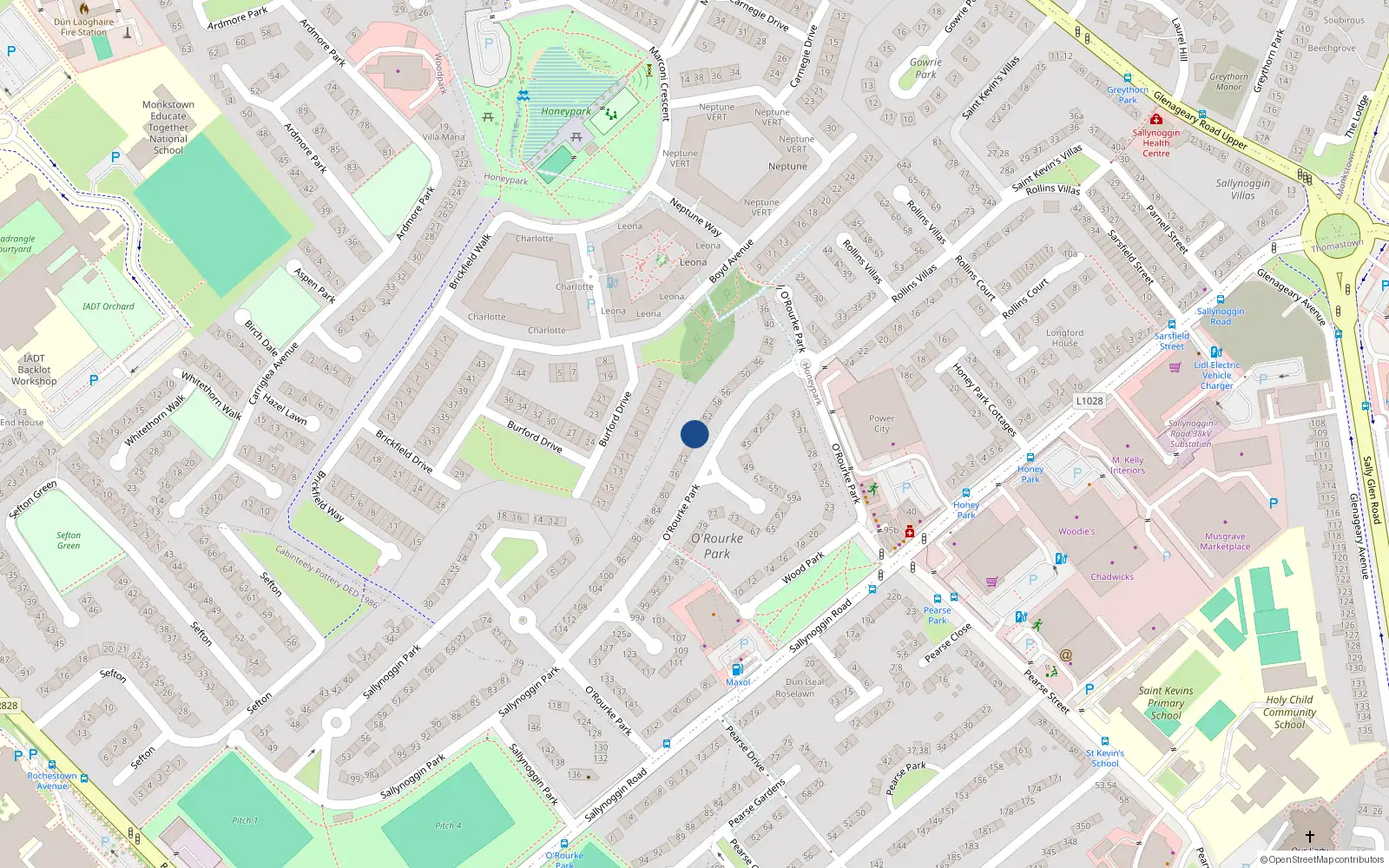 Overhead map showing the location of 66 Orourke Park, Sallynoggin, Dublin