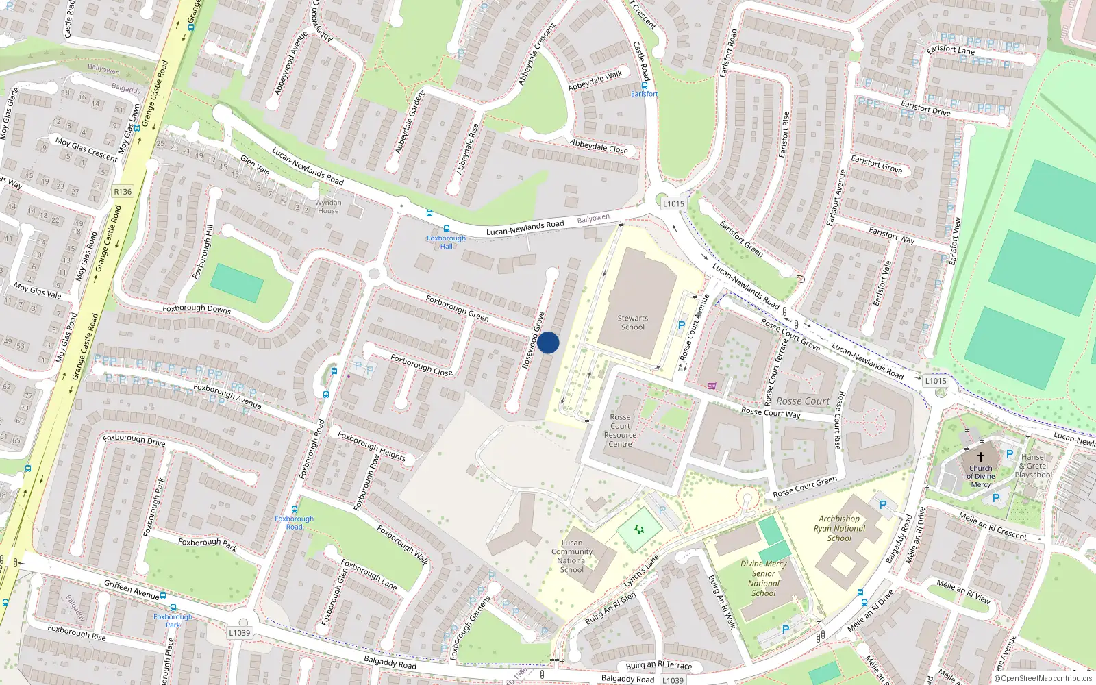 Overhead map showing the location of 66 Rosewood Grove, Lucan, Dublin