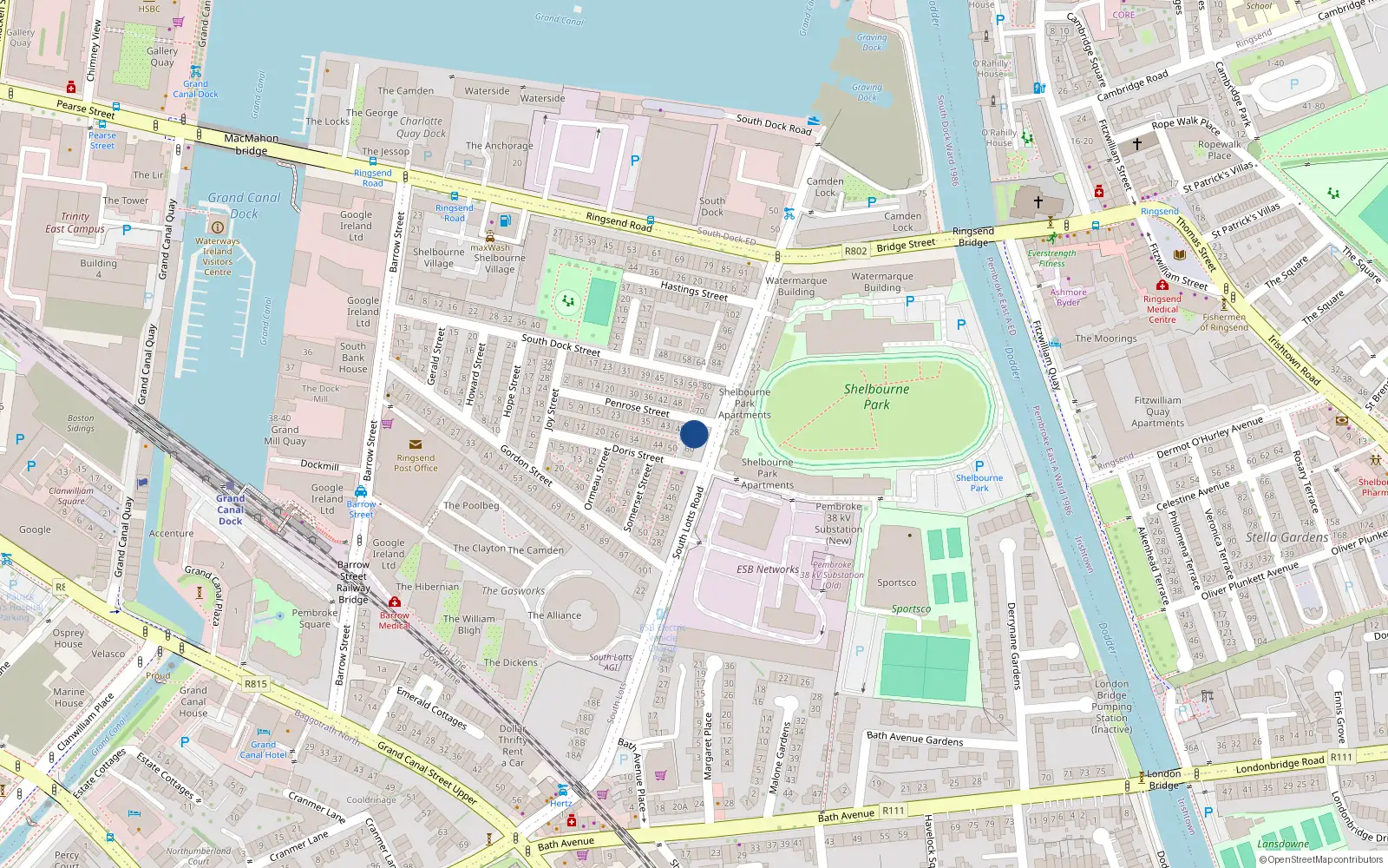 Overhead map showing the location of 66 South Lotts Road, Dublin