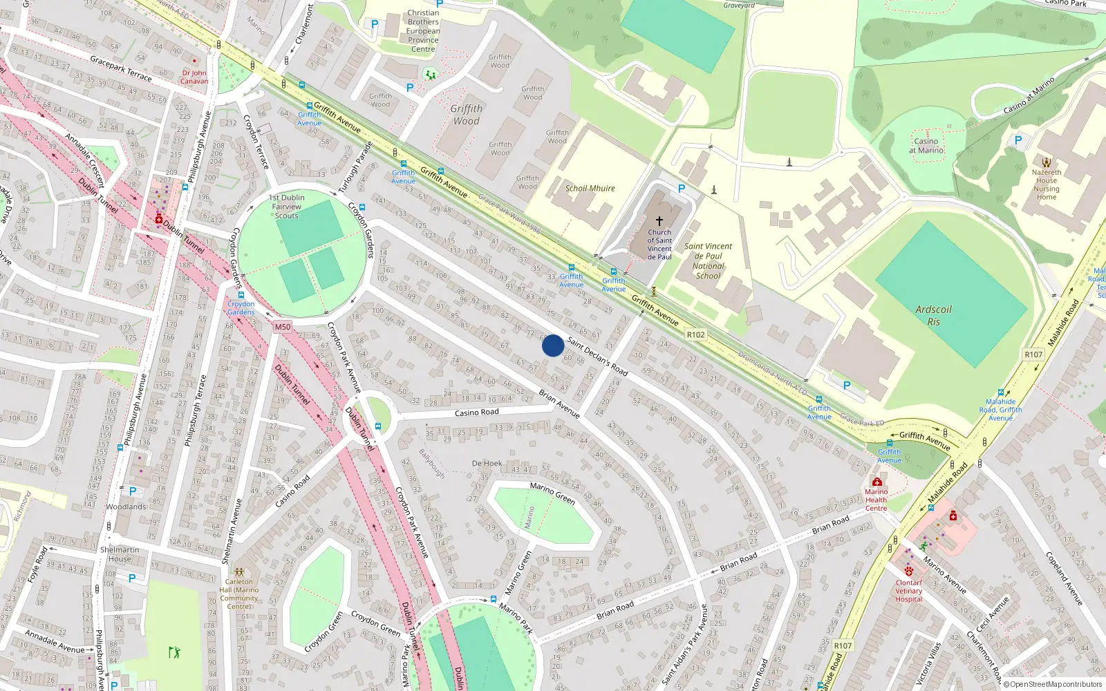 Overhead map showing the location of 66 St Declans Road, Marino, Dublin 3