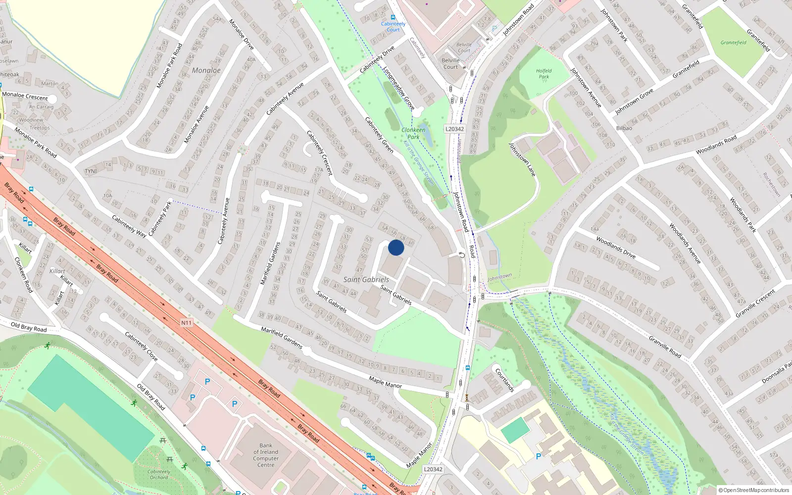 Overhead map showing the location of 66 St Gabriels, Johnstown Road, Cabinteely