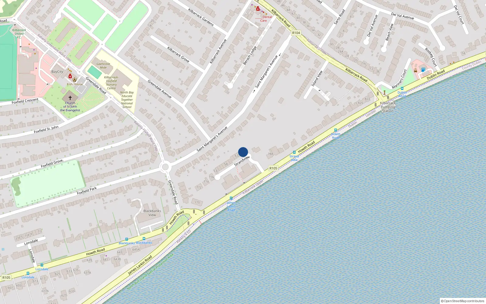 Overhead map showing the location of 66 Strand View, Howth Road, Dublin 5