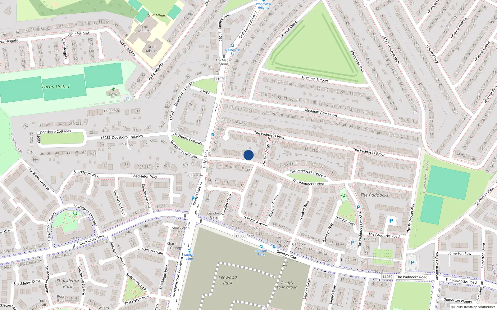 Overhead map showing the location of 66 The Paddocks Drive, Lucan
