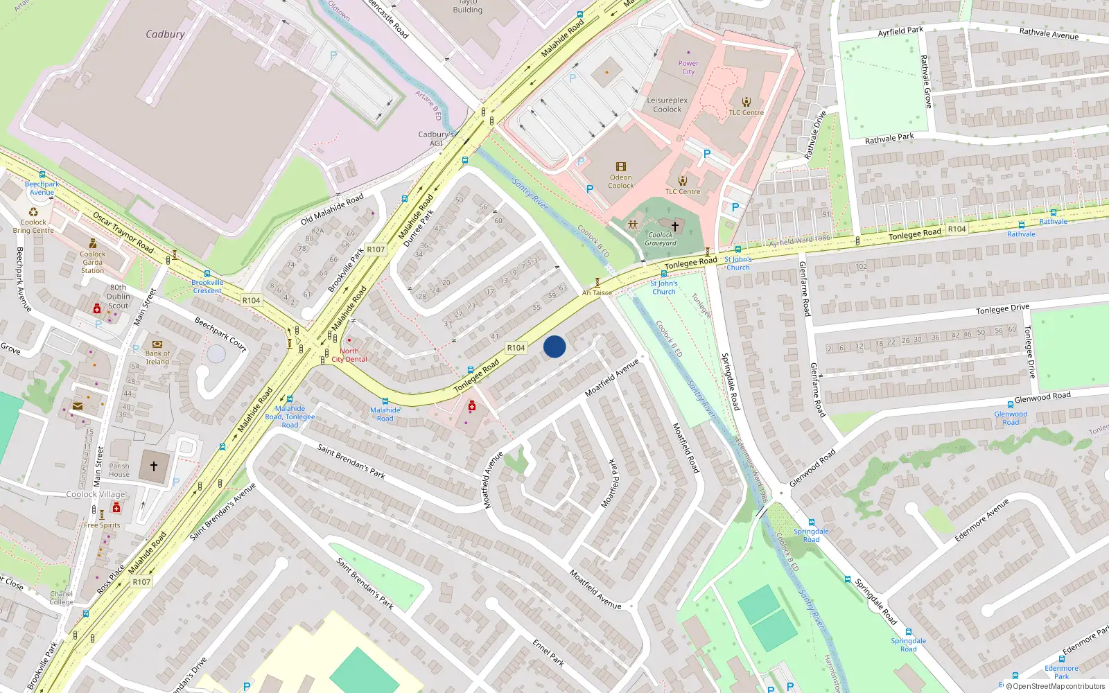 Overhead map showing the location of 66 Tonglegee Road, Coolock