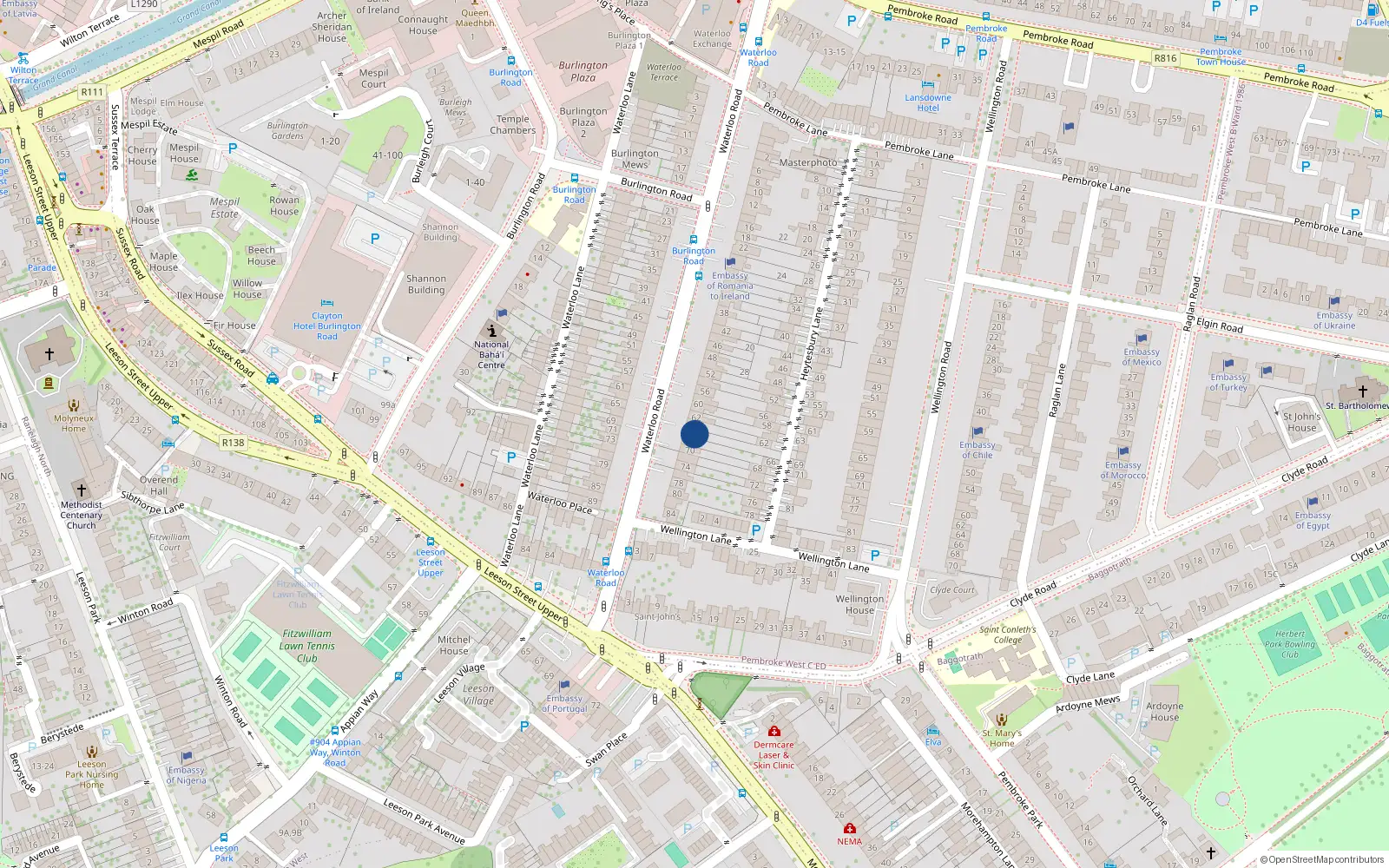 Overhead map showing the location of 66 Waterloo Road, Dublin 4