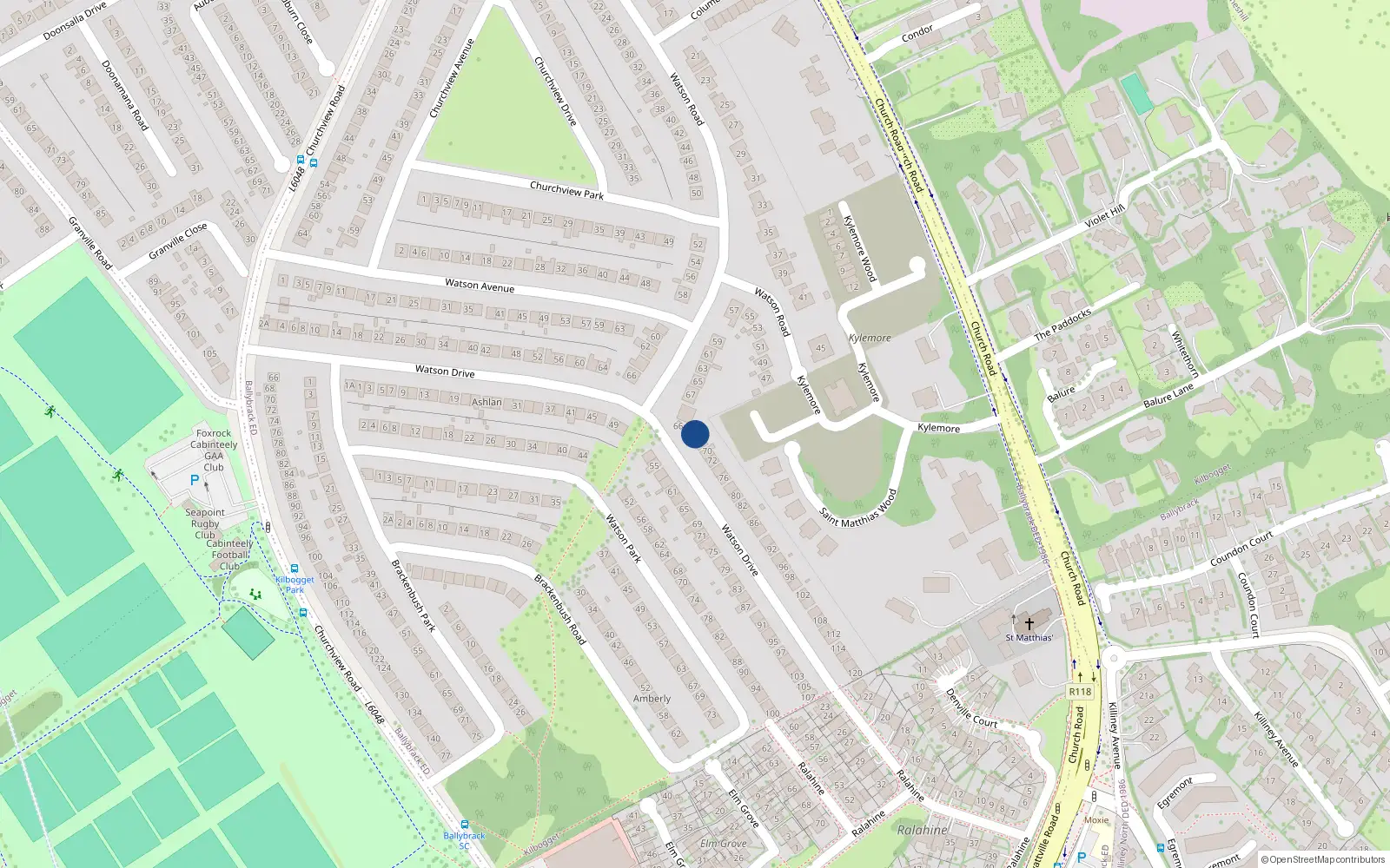 Overhead map showing the location of 66 Watson Drive, Killiney