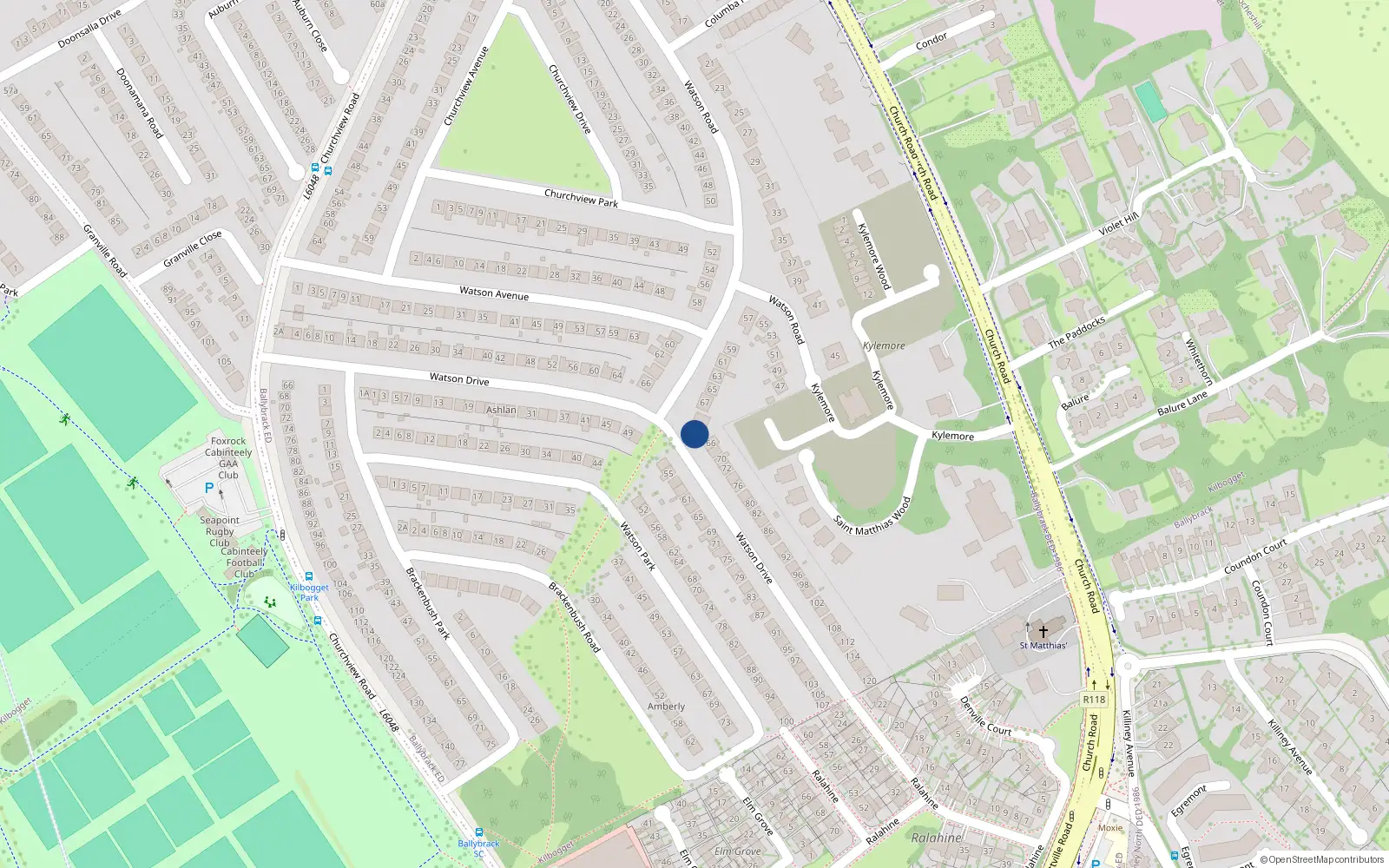 Overhead map showing the location of 66A Watson Drive, Killiney, Co Dublin