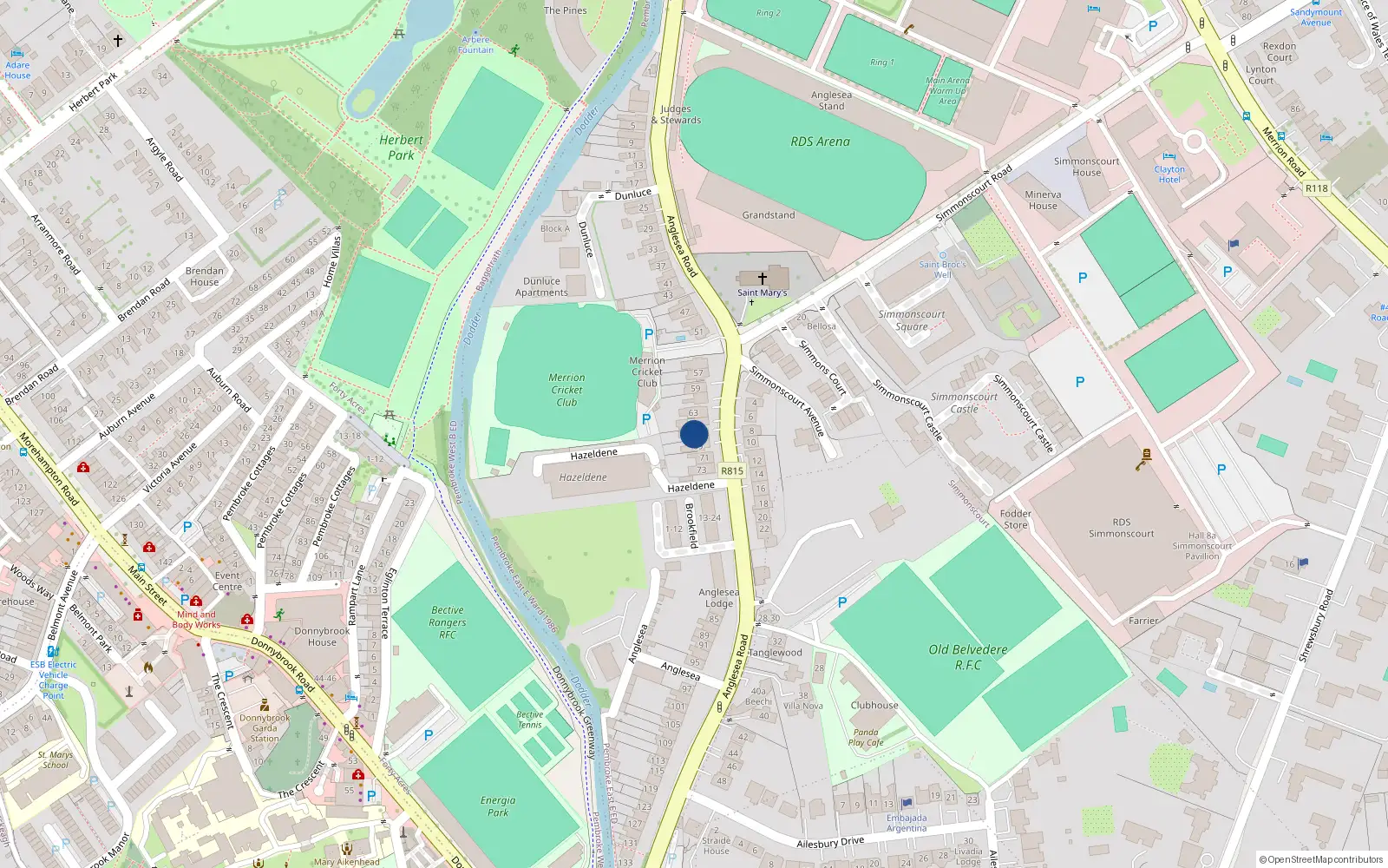 Overhead map showing the location of 67 Anglesea Road, Ballsbridge