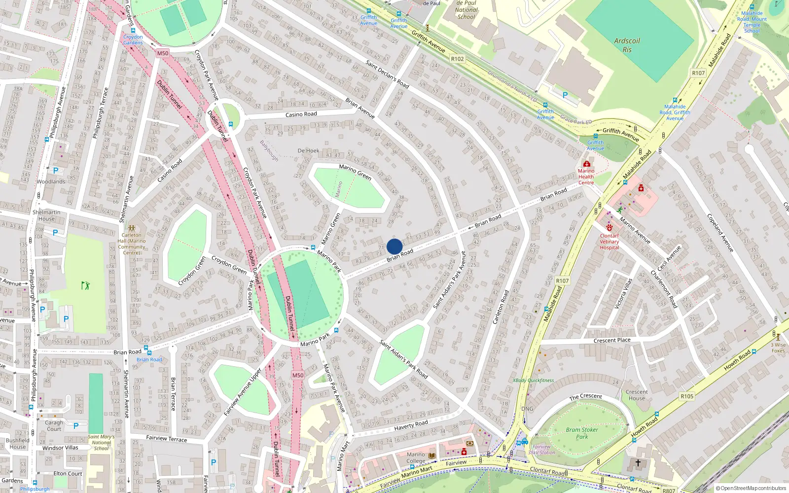 Overhead map showing the location of 67 Brian Road, Dublin 3