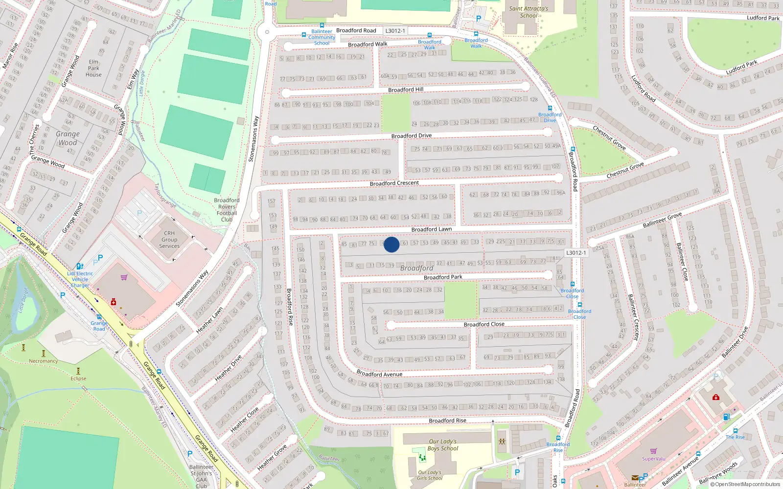 Overhead map showing the location of 67 Broadford Lawn, Dublin 16