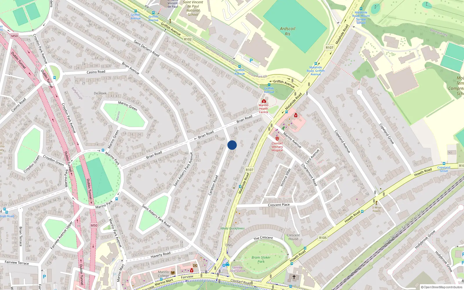 Overhead map showing the location of 67 Carleton Road, Marino, Dublin