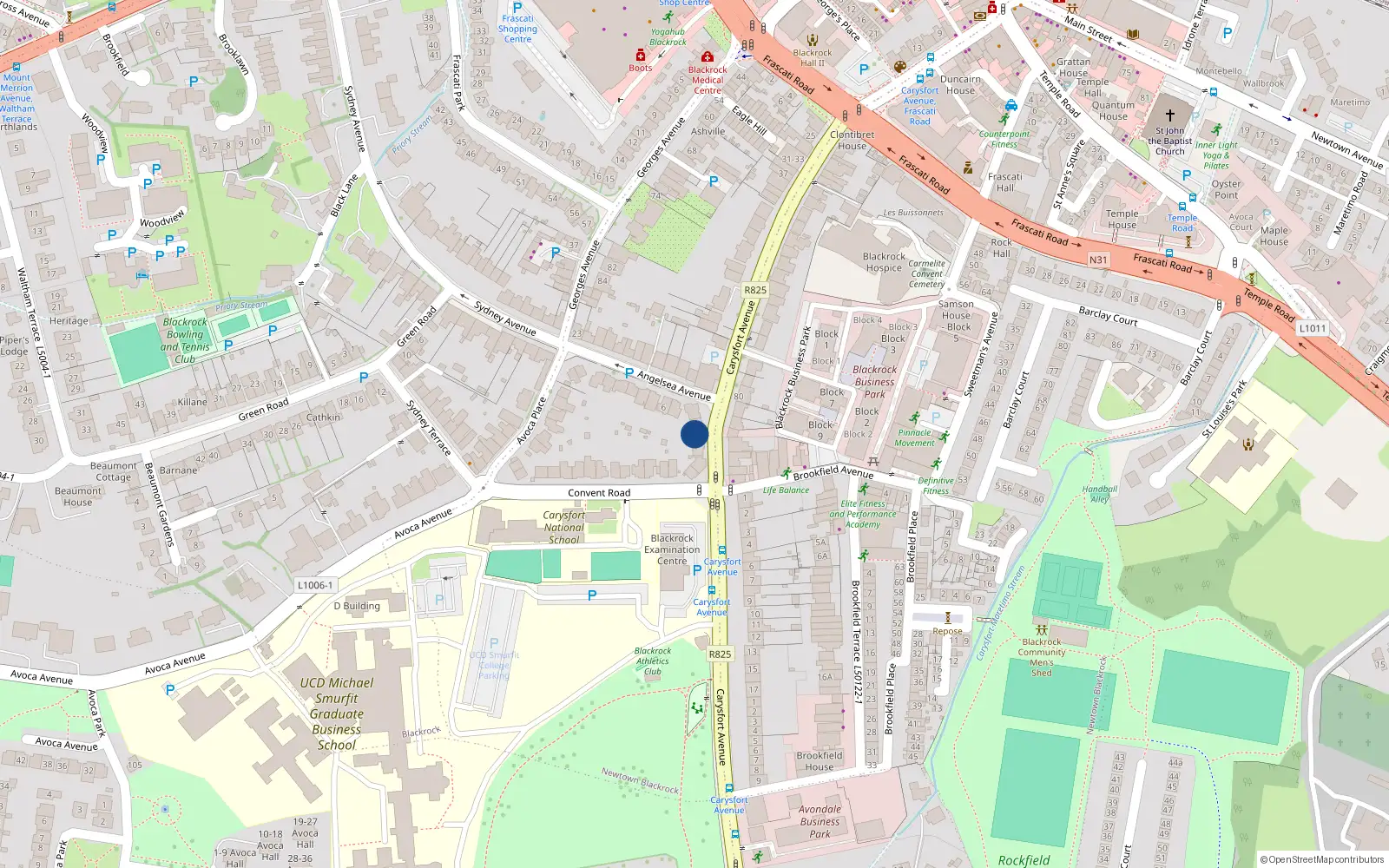 Overhead map showing the location of 67 Carysfort Avenue, Blackrock