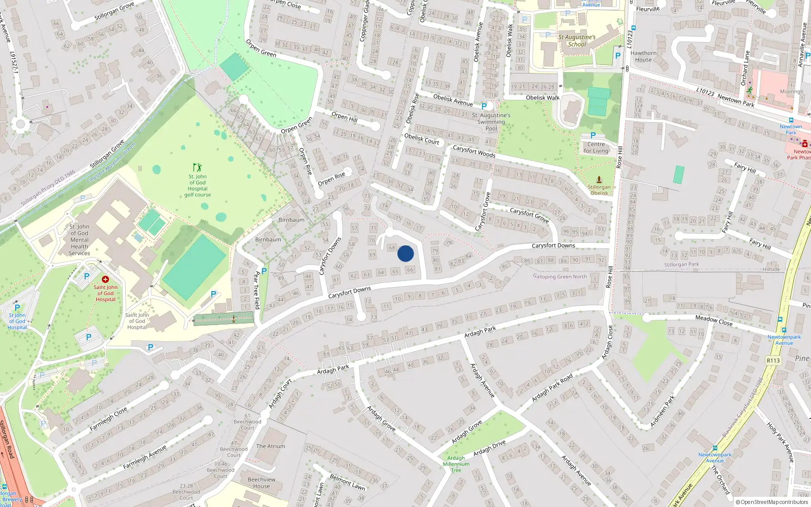 Overhead map showing the location of 67 Carysfort Downs, Blackrock, Co. Dublin