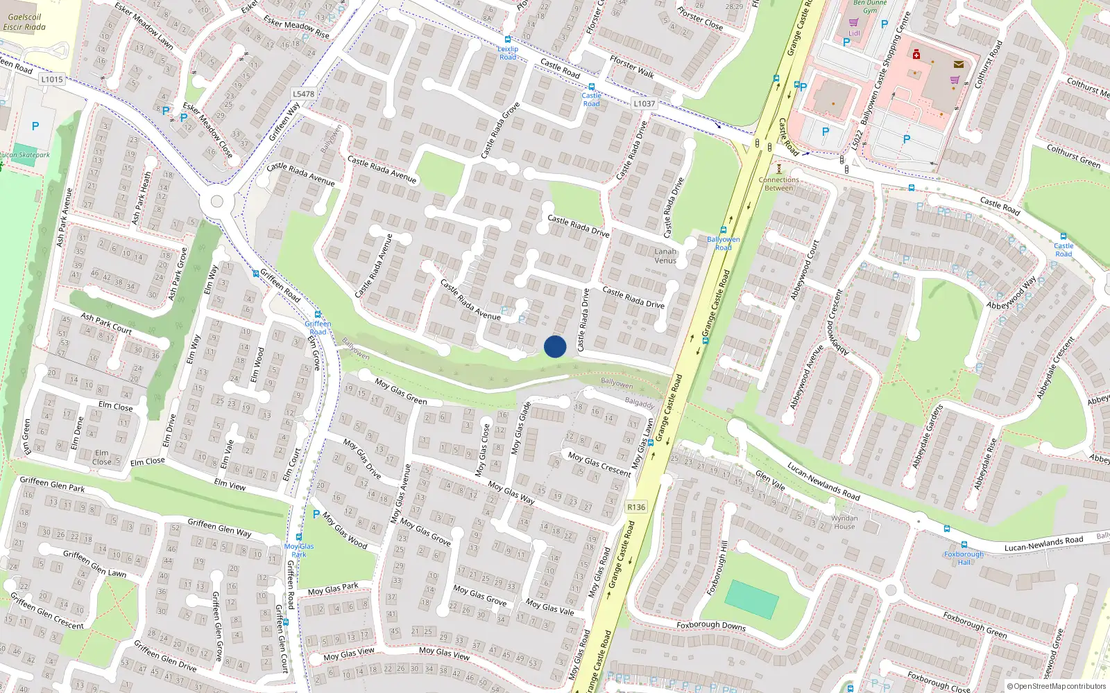 Overhead map showing the location of 67 Castle Riada Drive, Lucan