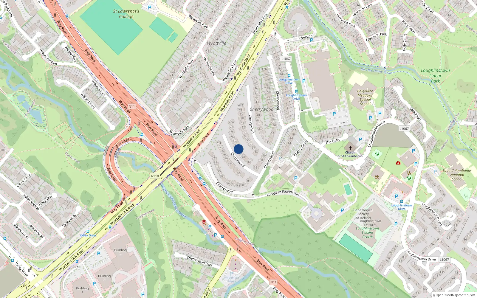 Overhead map showing the location of 67 Cherrywood, Dun Laoghaire