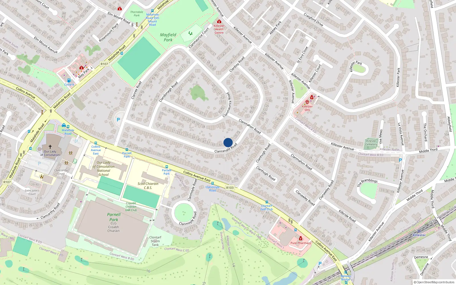 Overhead map showing the location of 67 Clanranald Road, Donnycarney, Dublin 5