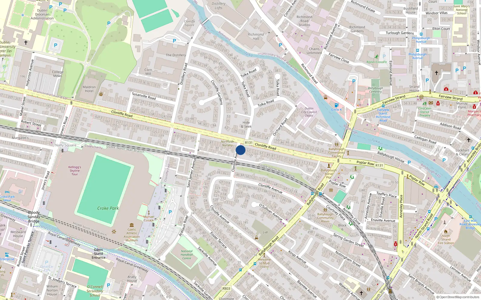 Overhead map showing the location of 67 Clonliffe Road, Ballybough, Dublin 3