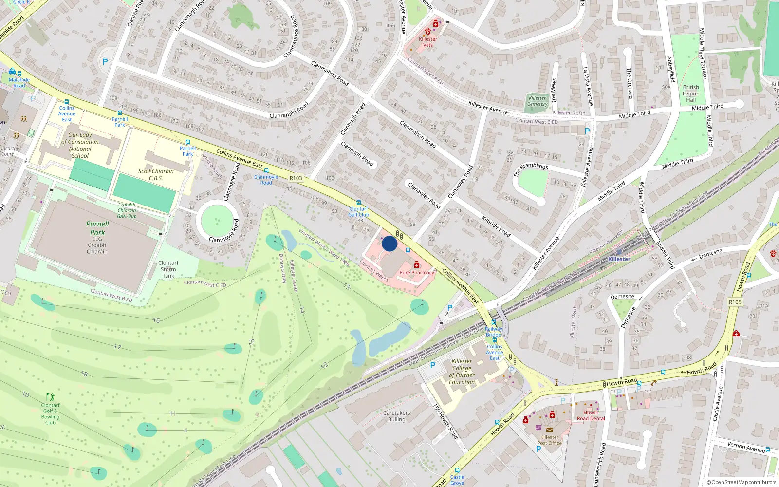Overhead map showing the location of 67 Collins Avenue East, Dublin 5