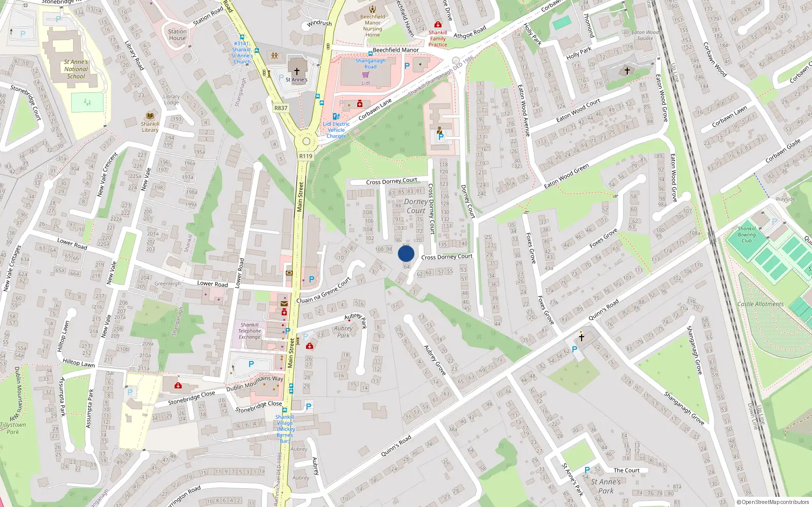 Overhead map showing the location of 67 Dorney Court, Shankill