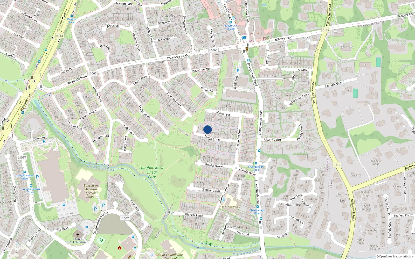 Overhead map showing the location of 67 Ennel Court, Ballybrack, Dublin