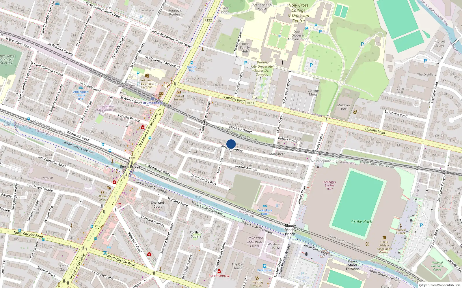 Overhead map showing the location of 67 Fitzroy Avenue, Dublin 3