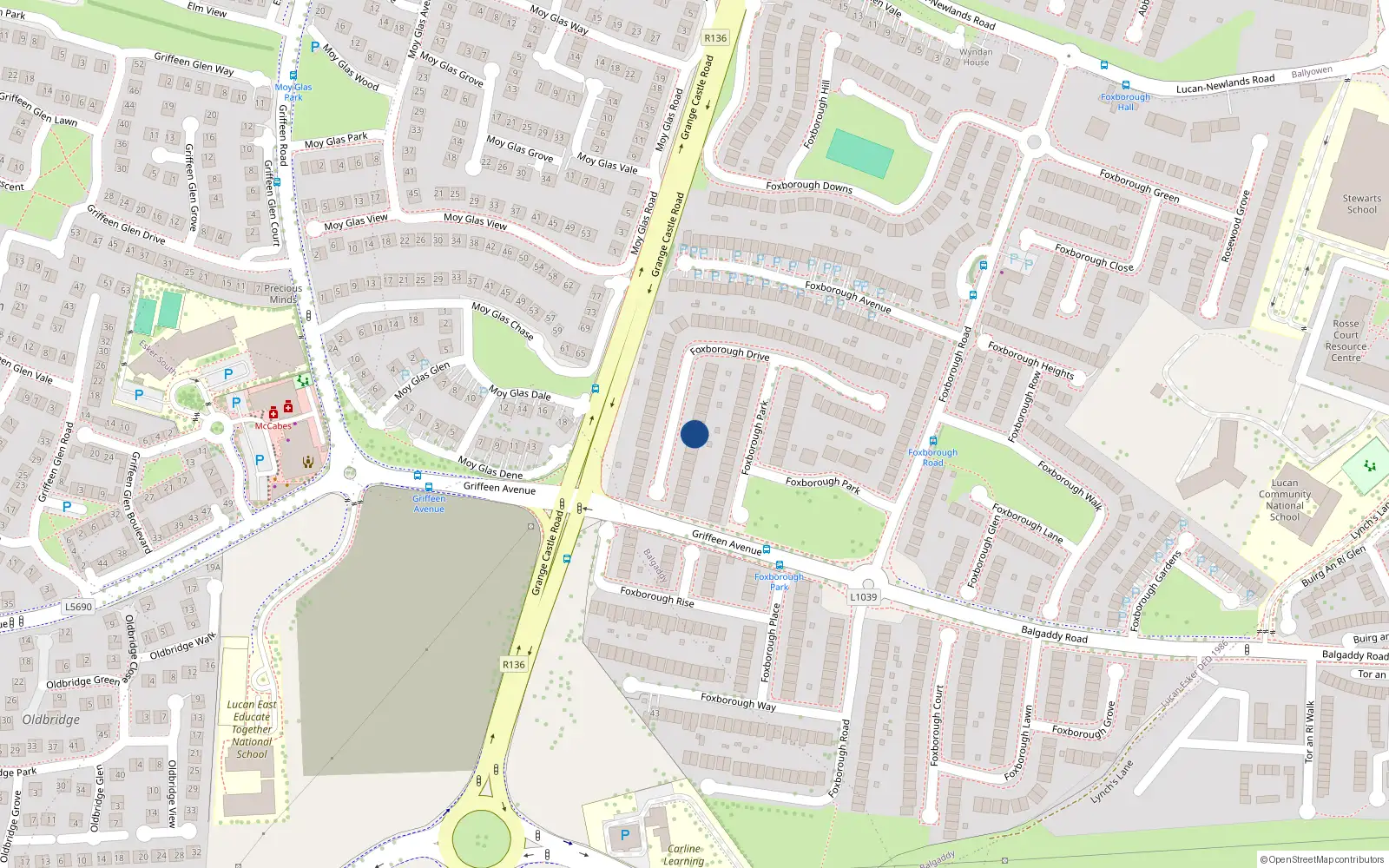 Overhead map showing the location of 67 Foxborough Drive, Lucan