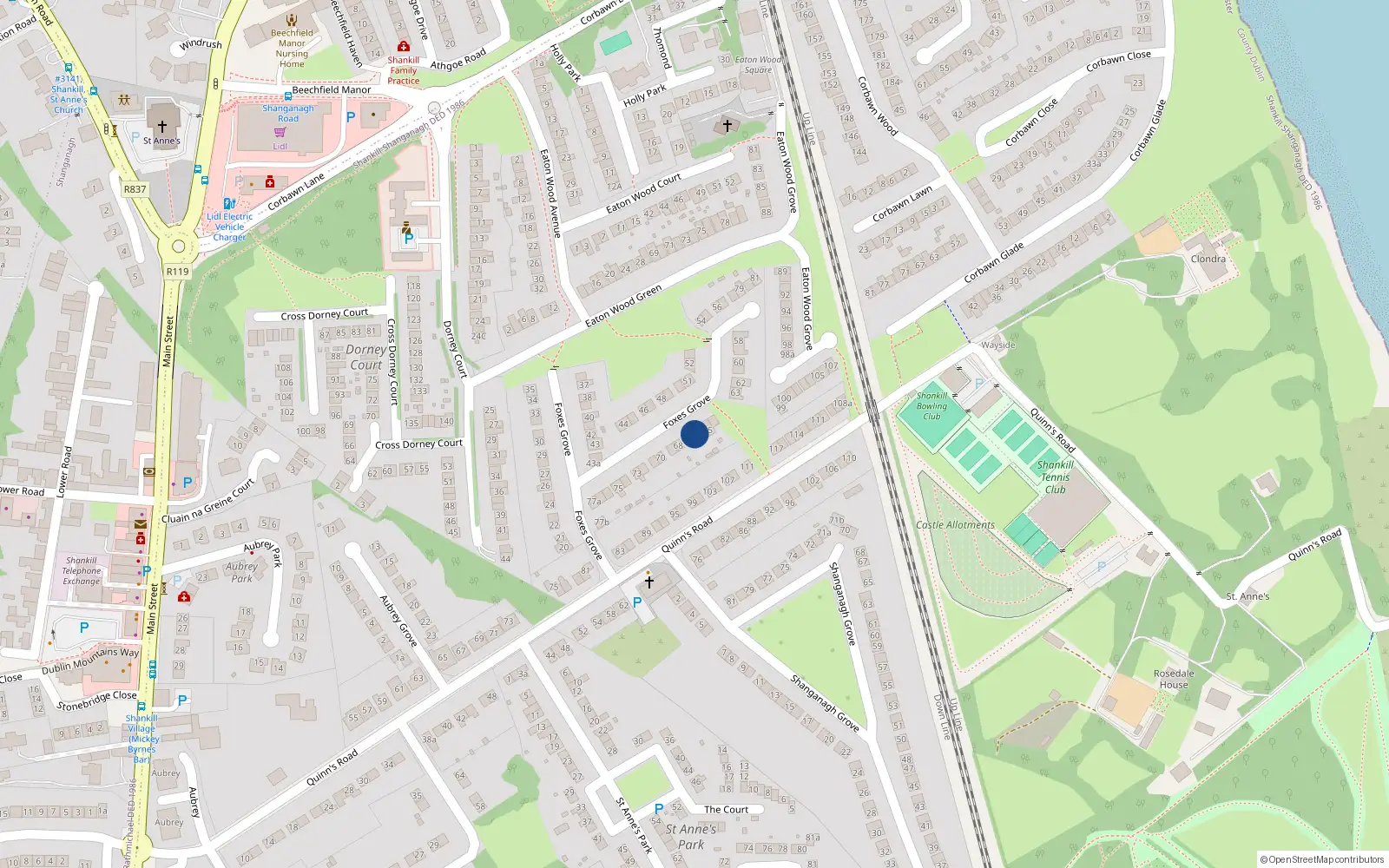 Overhead map showing the location of 67 Foxes Grove, Shankill
