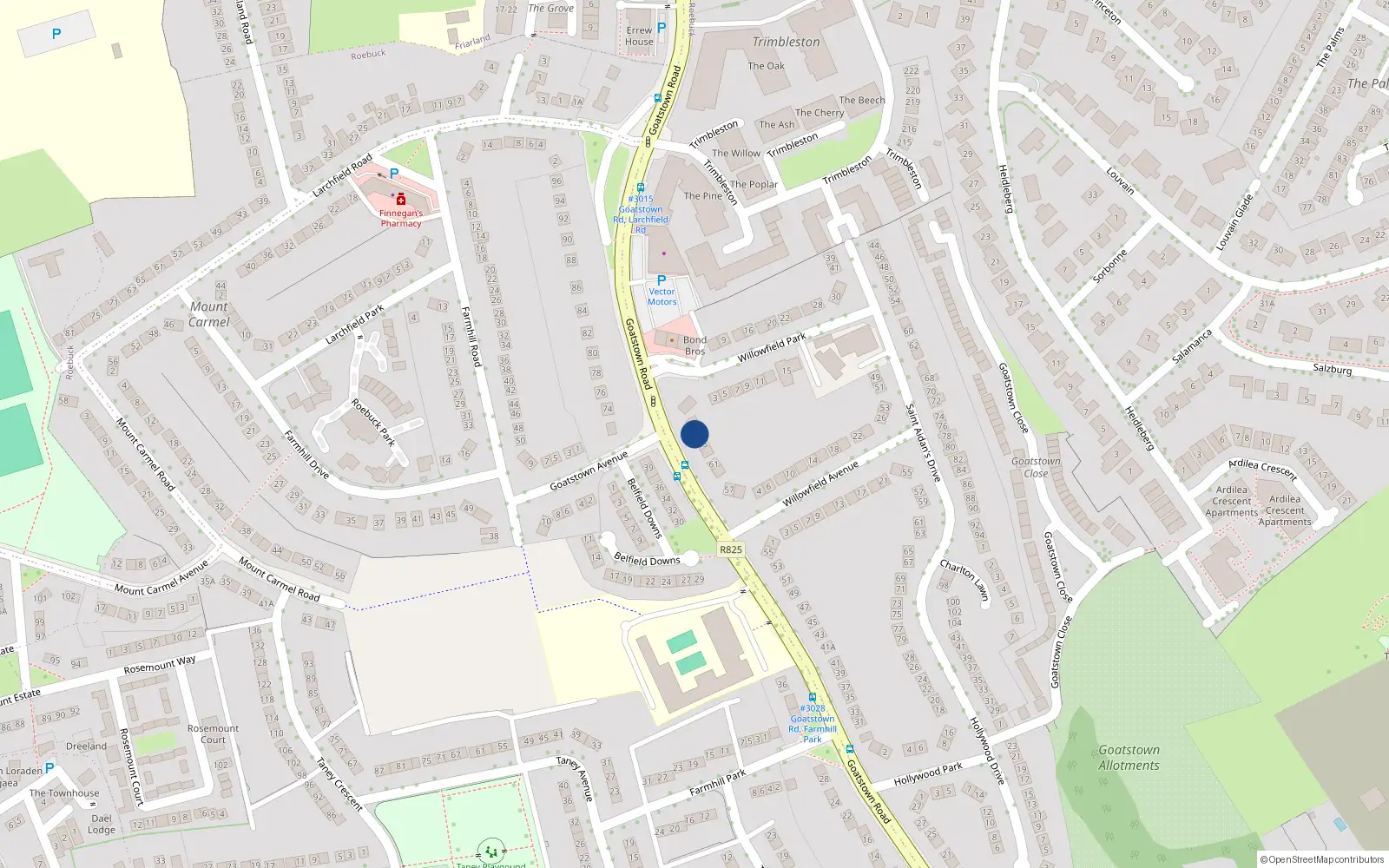 Overhead map showing the location of 67 Goatstown Road, Dublin