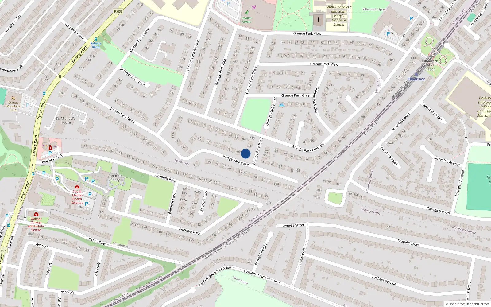 Overhead map showing the location of 67 Grange Park Road, Dublin 5