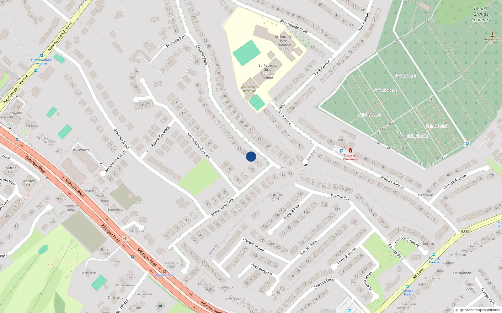 Overhead map showing the location of 67 Granville Park, Blackrock