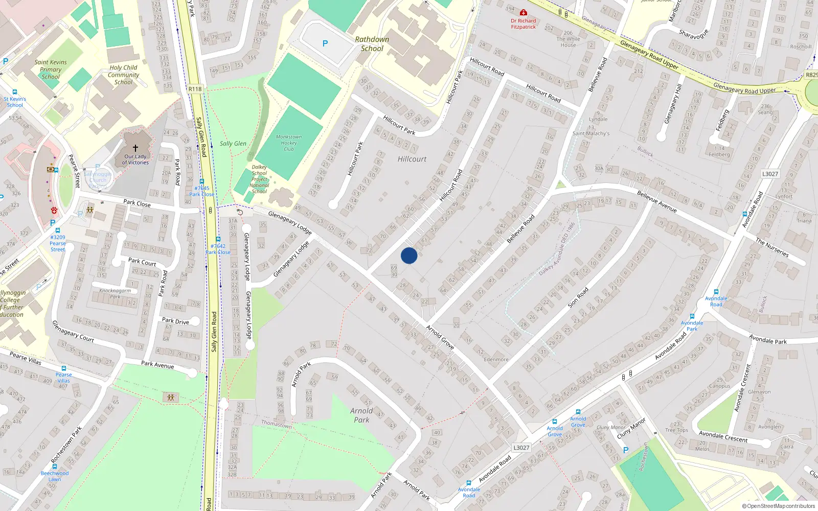 Overhead map showing the location of 67 Hillcourt Road, Dublin