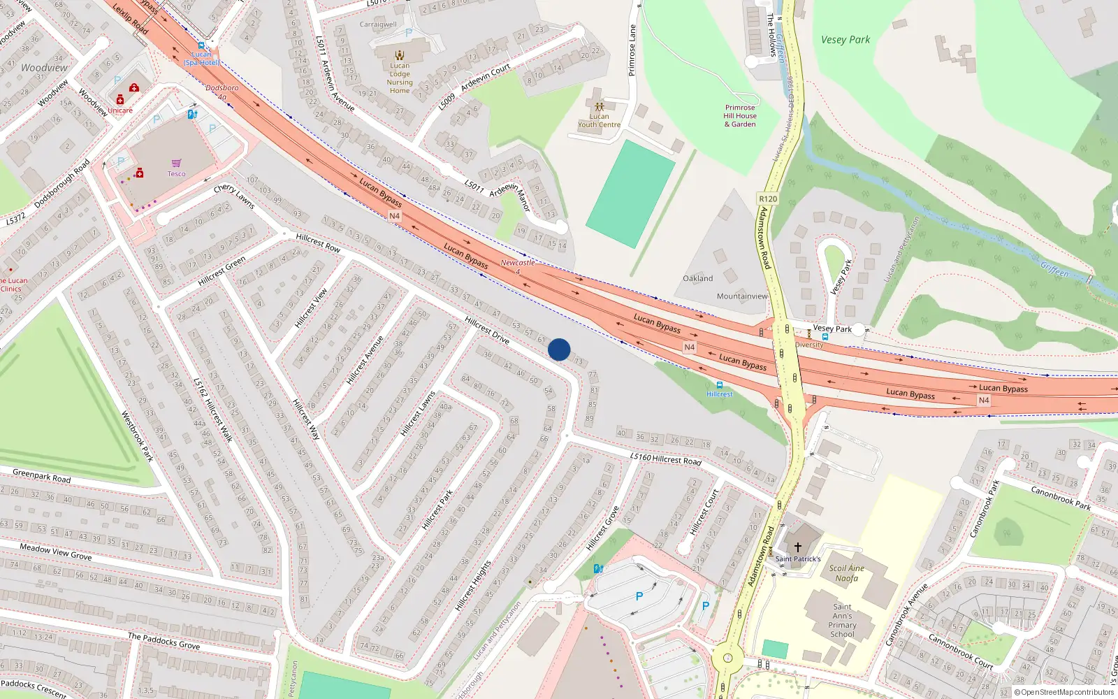 Overhead map showing the location of 67 Hillcrest Drive, Lucan, Co Dublin