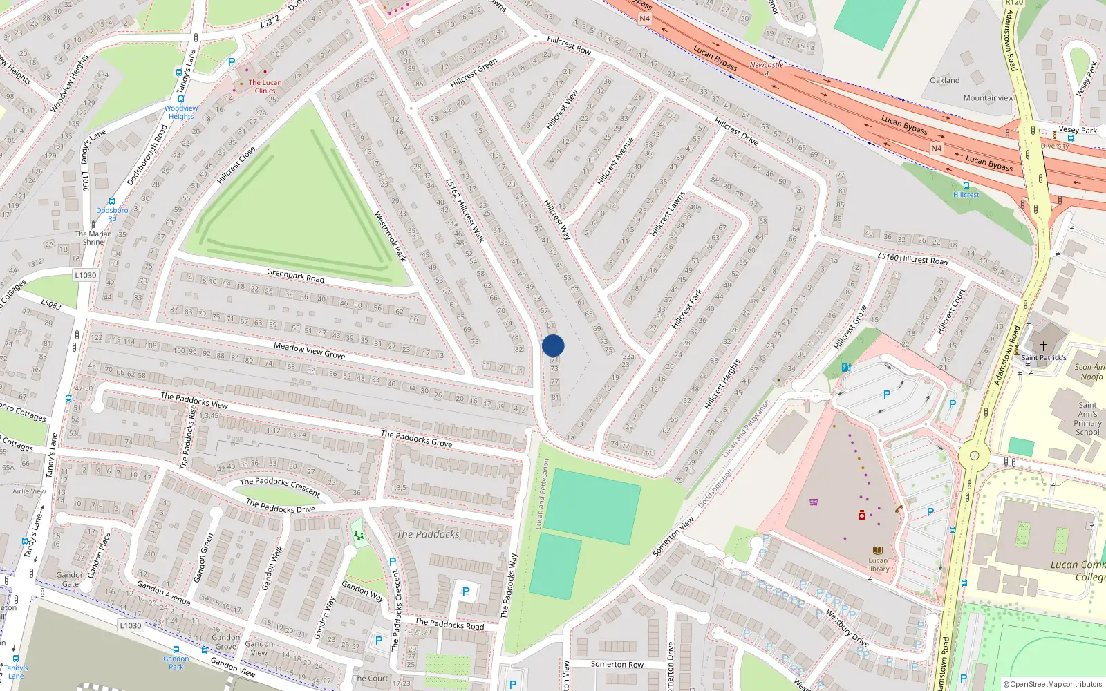 Overhead map showing the location of 67 Hillcrest Walk, Lucan, Dublin