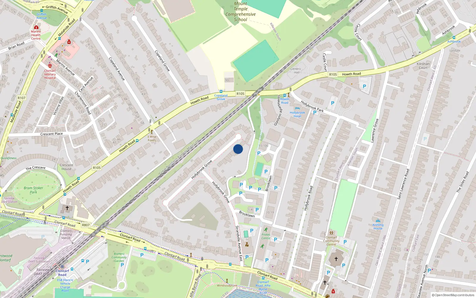 Overhead map showing the location of 67 Hollybrook Grove, Dublin 3