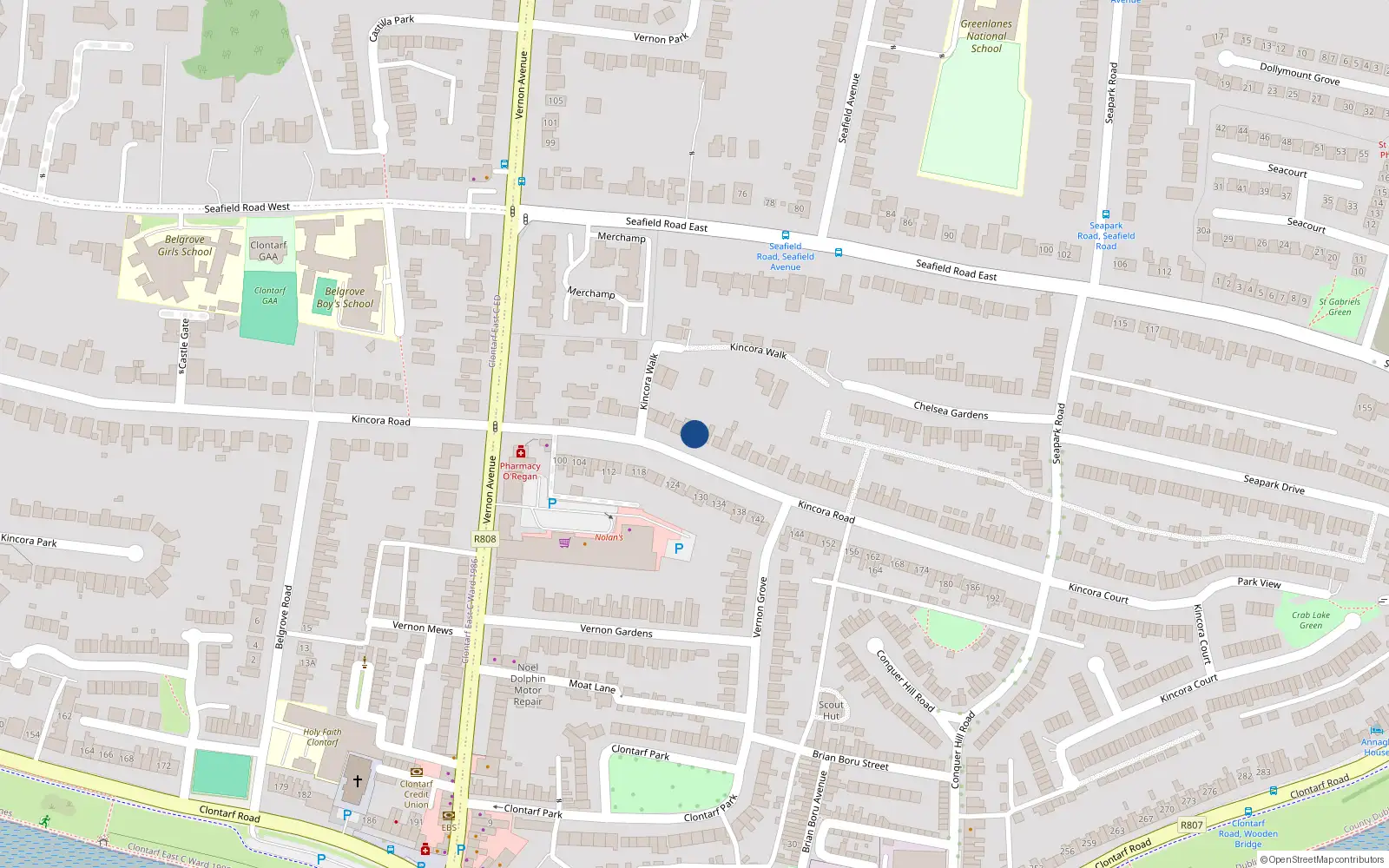 Overhead map showing the location of 67 Kincora Road, Clontarf, Dublin 3