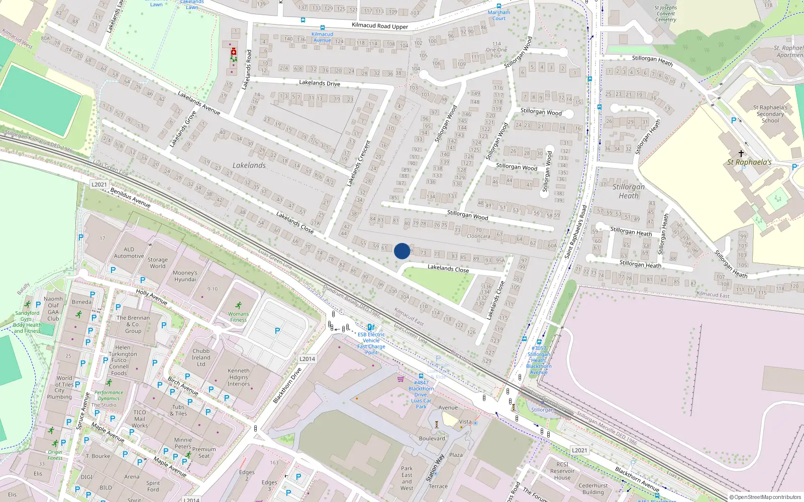 Overhead map showing the location of 67 Lakelands Close, Dublin