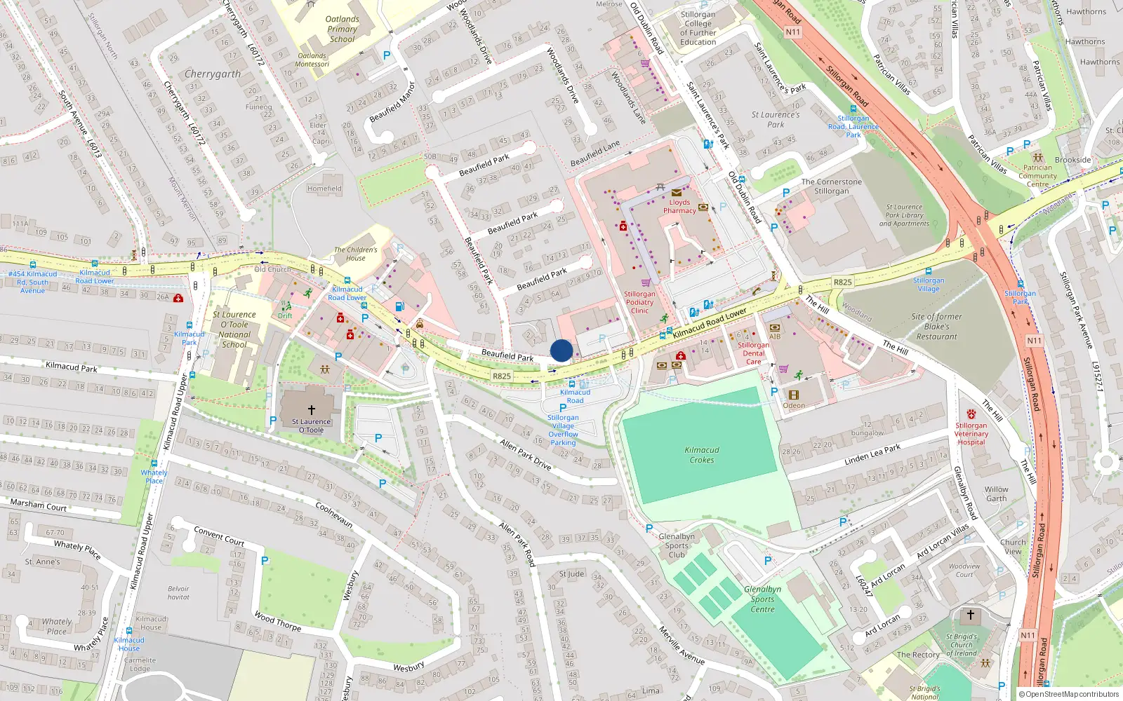 Overhead map showing the location of 67 Lower Kilmacud Road, Dublin